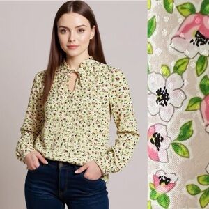 Cupcakes & Cashmere Floral Tie-Neck Top Balloon Sleeve Cottagecore Flowy Blouse